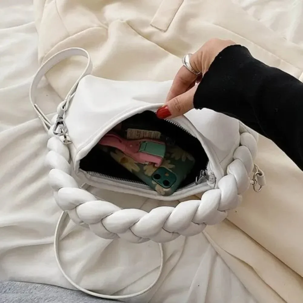 New Braided Handle Vegan Leather Hobo‎ Bag in White